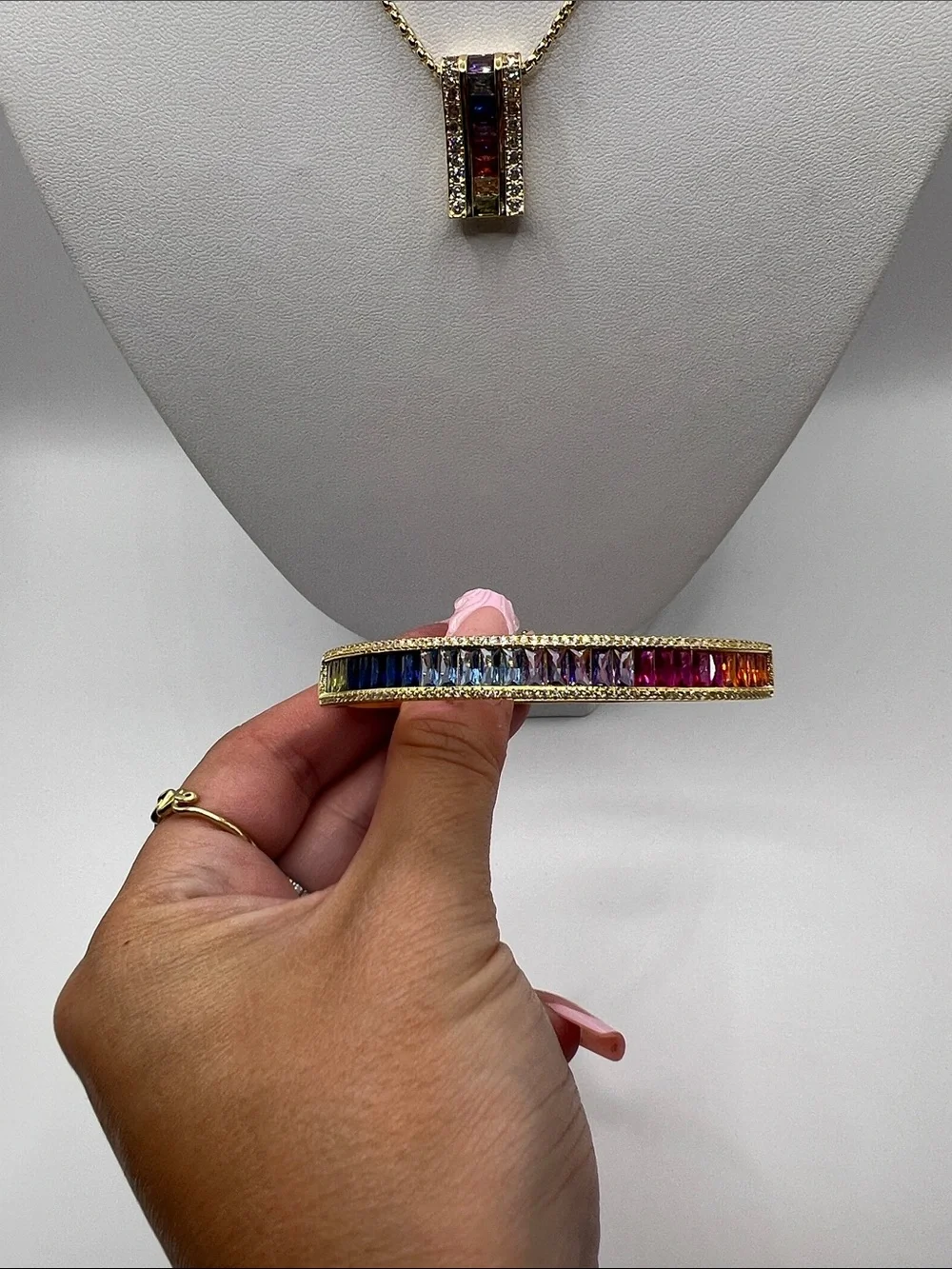 509. 18k Gold Plated Rainbow Bar Pendant Necklace with Matching Bangle